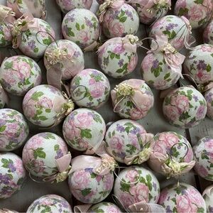 Vintage Sugar Frosted Round Pink Rose Christmas Ornaments Victorian Cottage 48pc